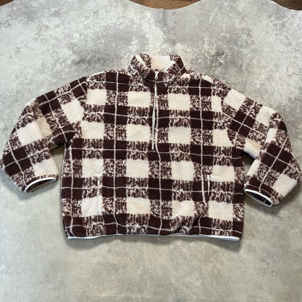 Aerie Offline Fleece Jacket Womens XXL Plaid Ivory Brown Pockets Pullover